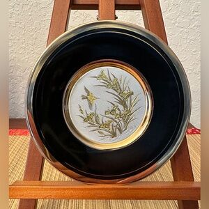 Chokin Japan Hummingbird With Flowers 6” Plate 24K Gold Trim On Black Vintage